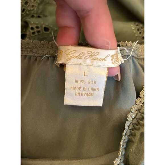 Gold Hawk 100% silk boho eyelet skirt olive green sz L lagenlook - Picture 3 of 7